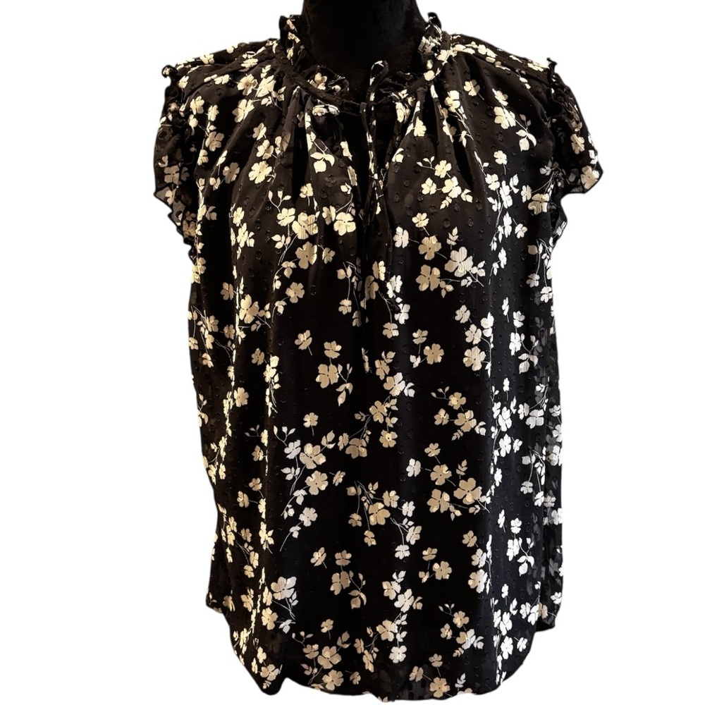 Haver London Black Off White Floral BubbleClip Dot Blouse Top,1X,Everyday Ruffle